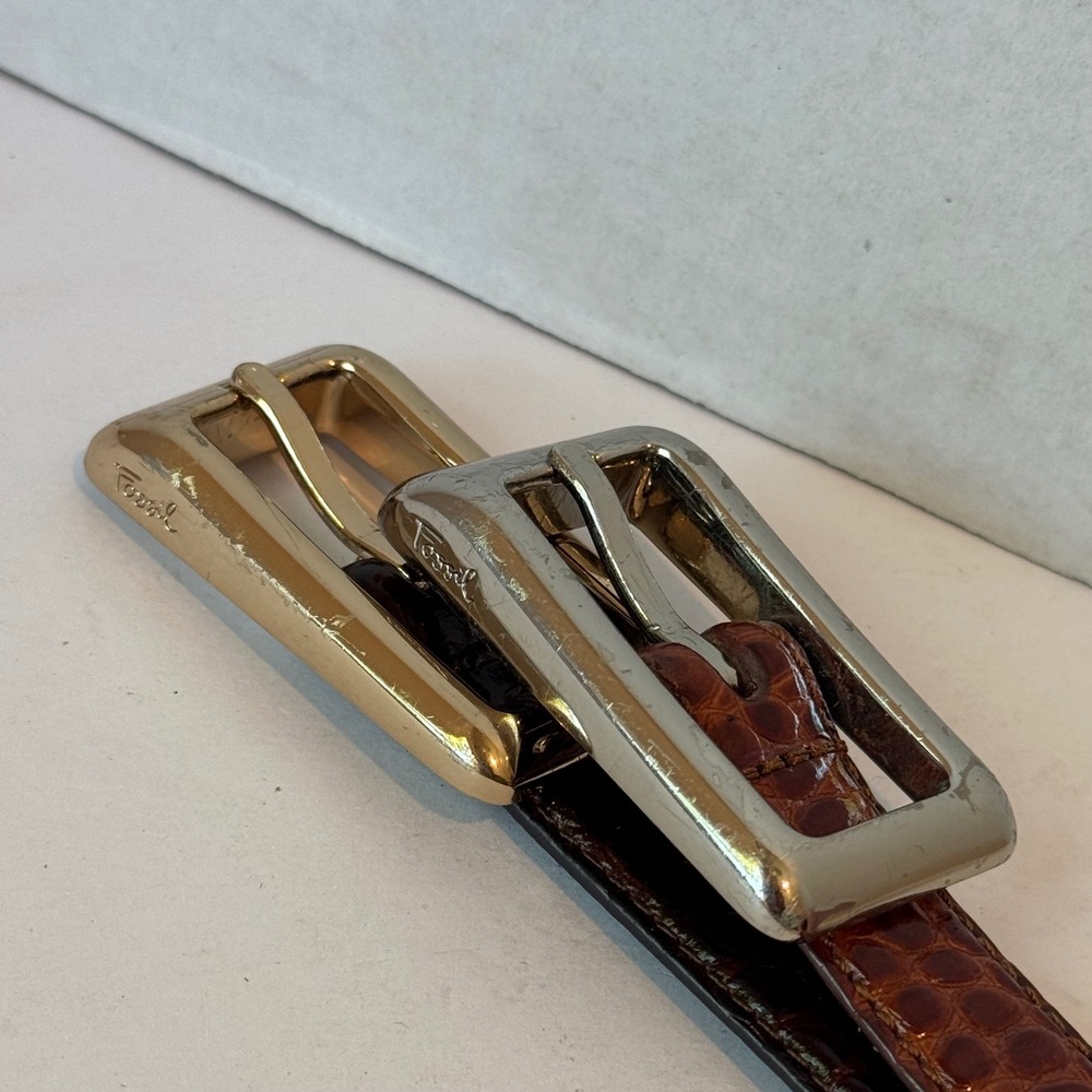 Fossil Croc Embossed Belts Womens Large Brown Set of 2 Good Skinny Leather - Picture 5 of 10